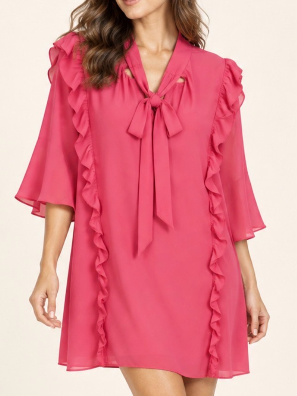 NWT Happy x Nature Kate Hudson Pink Ruffle Tie Neck Mini Dress M